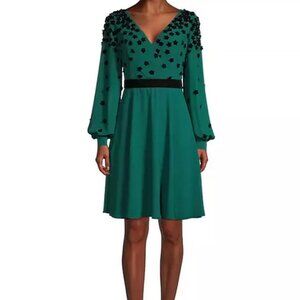 Shani Green Georgette Floral Appliquè Long Sleeve Dress